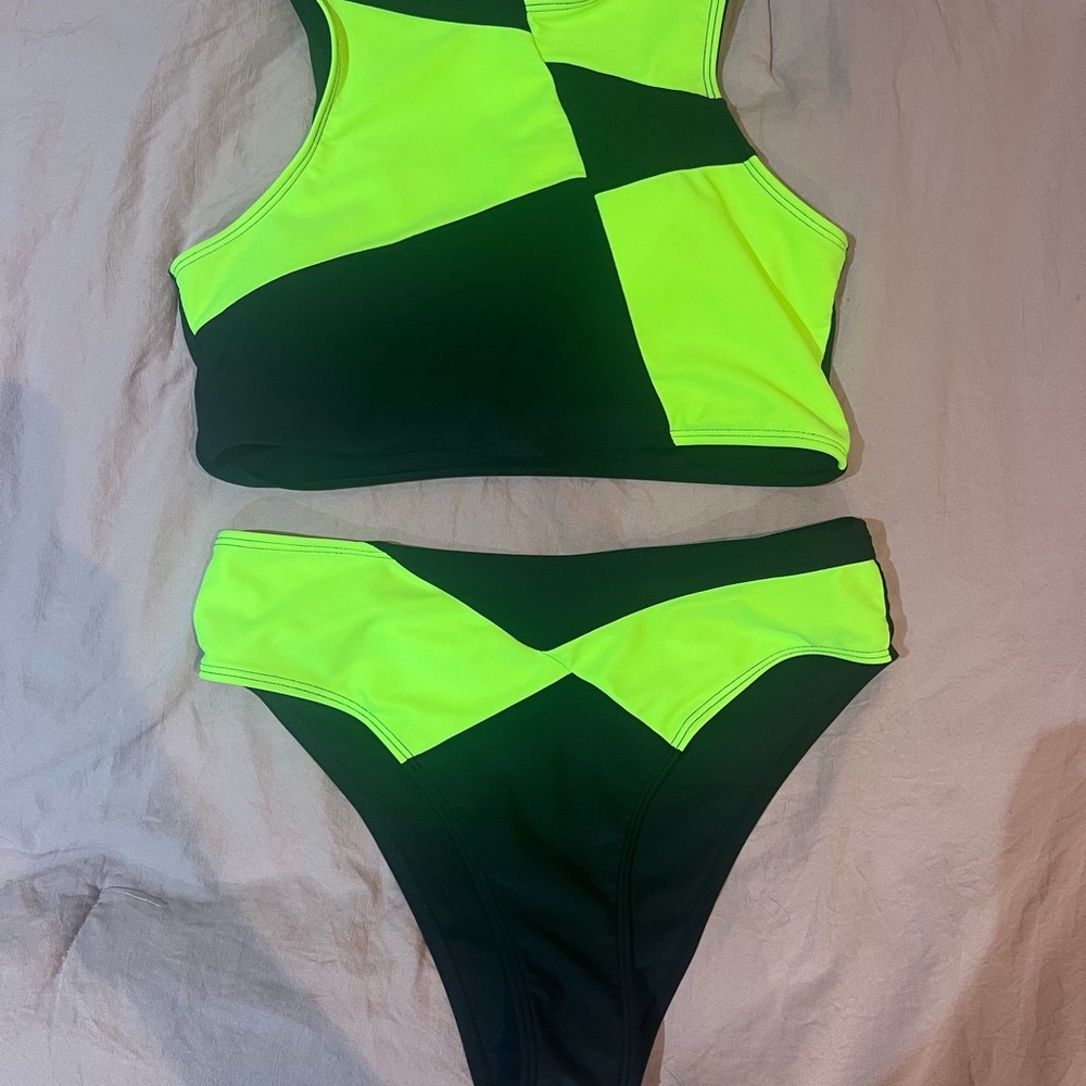 Neon Green and Black Women's Swim Set